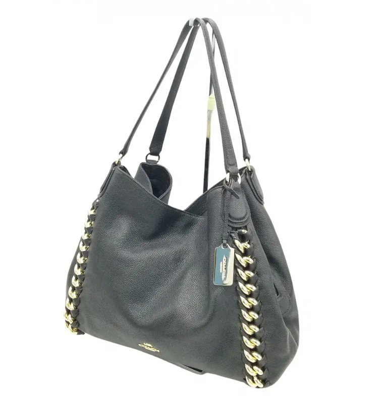 Coach Black Edie Turn Lock Shoulder Bag W/ Gold Tone Curb Chain Detail
