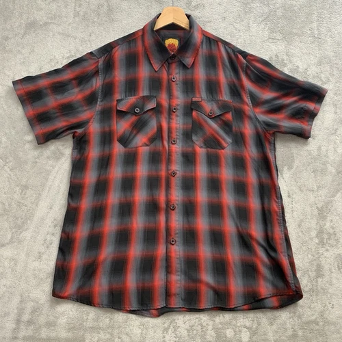 DIXXON CORAZON Shirt Men L Red Black Plaid Short Sleeve Bamboo Blend Button Down - Picture 1 of 7