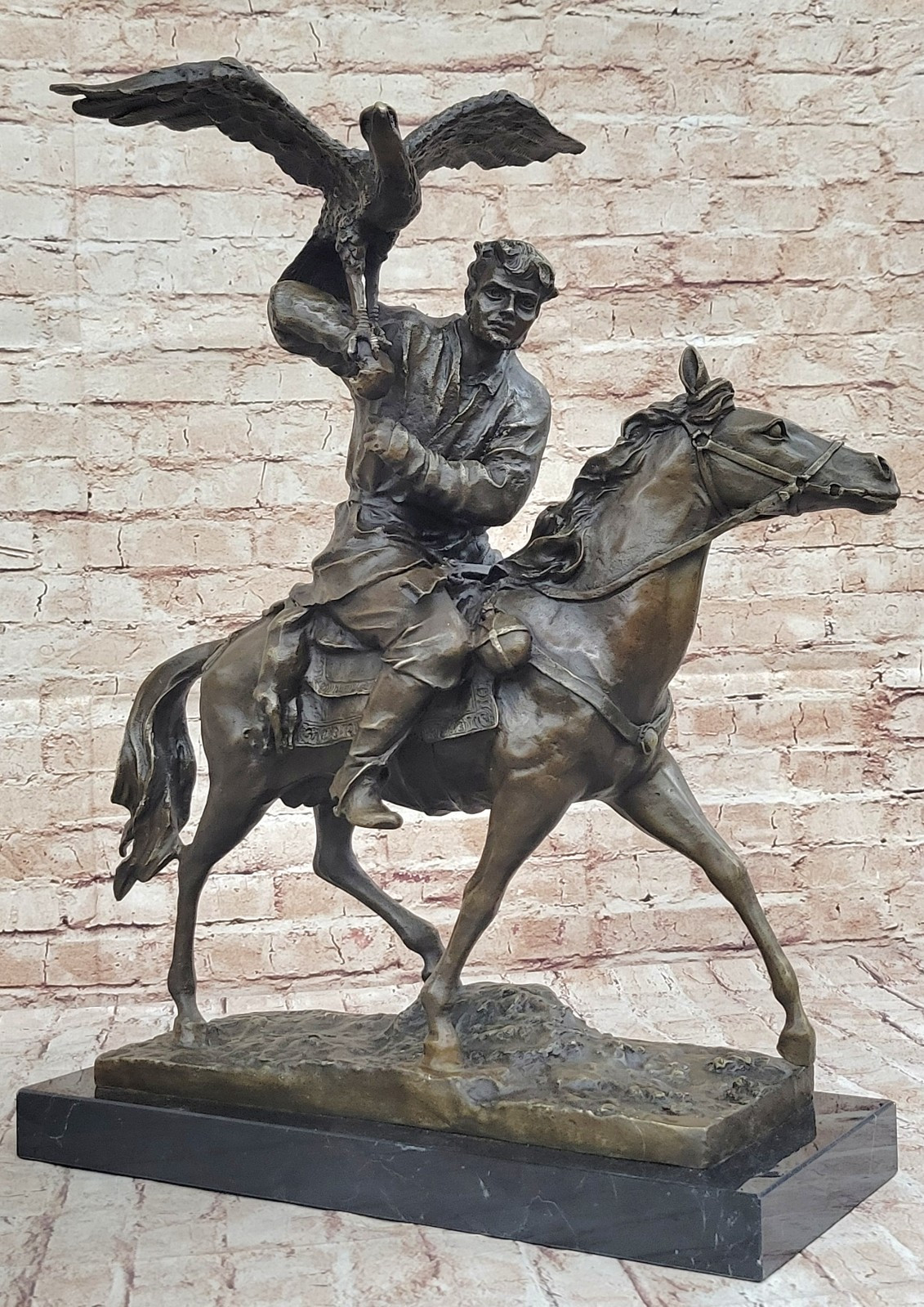 Realism, Romanticism Style Man holding Falcon on Horse Bronze Sculpture Figure