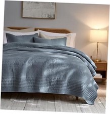 Striped Blue Grey 100 Cotton Quilt Size Bedding Sets, Queen Striped-blue Grey
