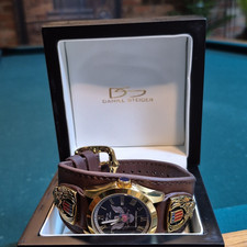 Daniel Steiger Gold Plated Men's Wristwatch Brown Leather Strap Black Dial Box