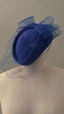 Vintage Royal Blue Wool Felt Hat With Bow and Netting; EUC; 1940s