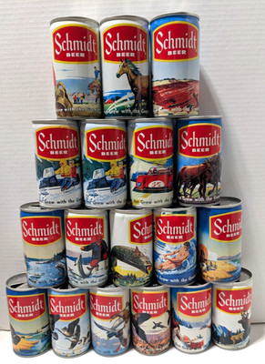 1970s Schmidt Beer Scenic Collectors 18 Can Set, Empty Cans & 11 Pull Tabs
