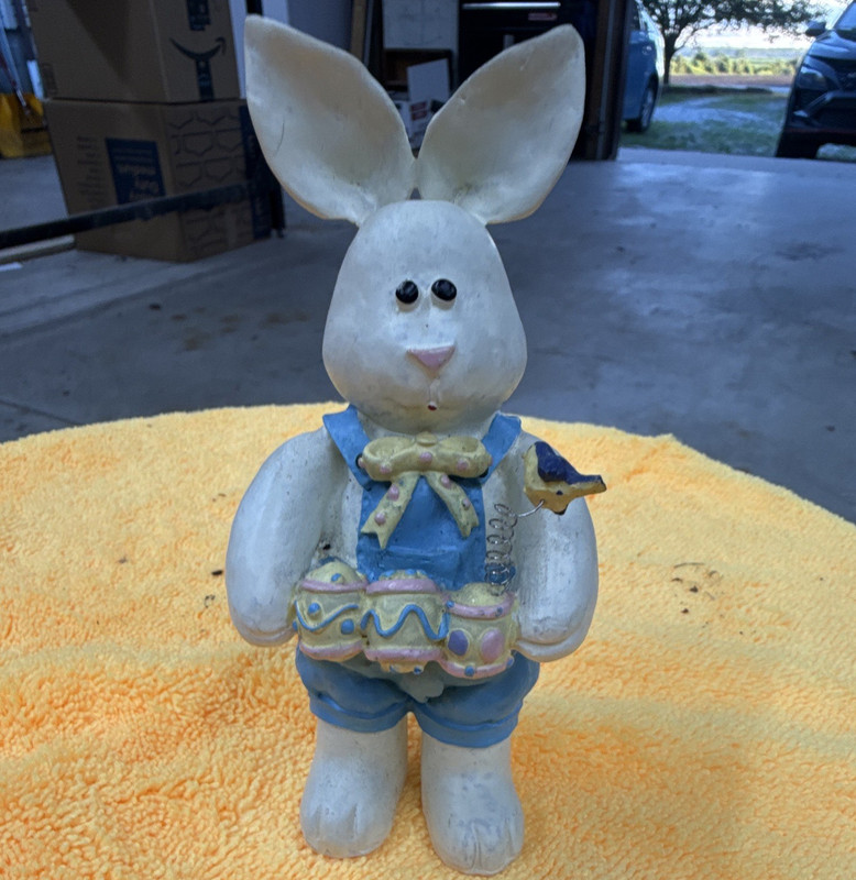Easter Bunny Rabbit Figurine Resin Hand Painted Basket Bird White Blue