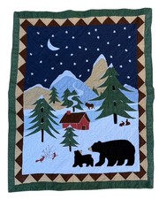 Handmade Quilt Winter Christmas Mountain Cabin Bear Scene 60" x 48