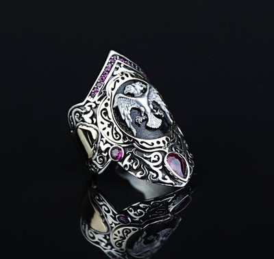 925 Silver Double Ruby Stone Eagle Archer Thumb Ring