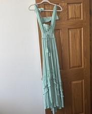 Free People Santa Maria XS Romantic Boho Dramatic Tiered Tassel Maxi Dress teal