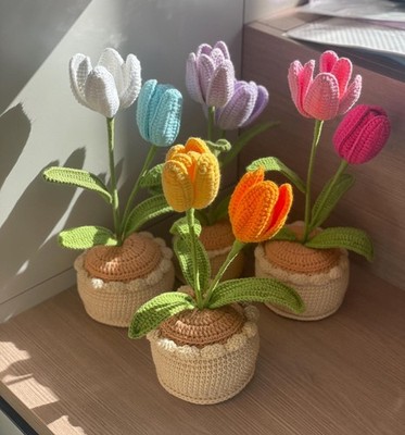 Crochet Tulip Flower Pot Pink Purple Handmade Flower Gift Home Decor