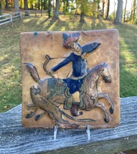 Antique Persian Art Glazed Tile Royal Horse Rider Hunter Qajar-style Relief