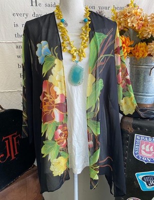 Colleen Lopez Black Floral Painting Abstract Sharkbite-Hem Topper Kimono M New
