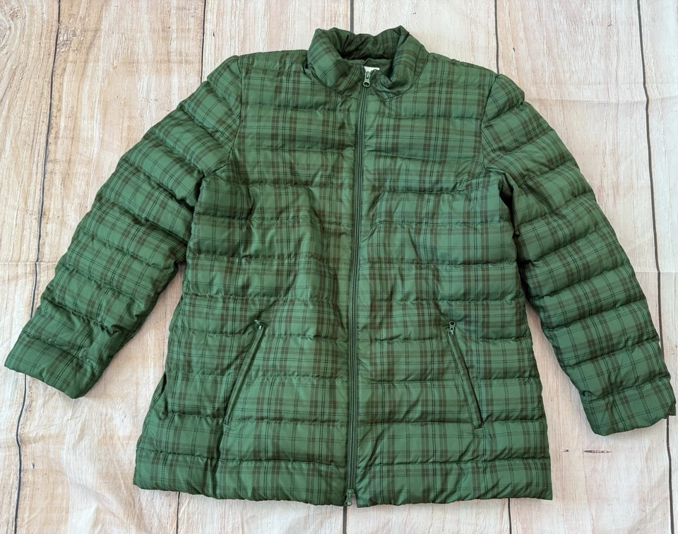 J Jill Down Puffer Jacket Womens Size Large Green Plaid Full Zip Pockets - Image 2 of 4
