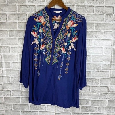 Anthropologie Luna Moon Royal Blue Embroidered V-neck Tunic Top Womens SMALL