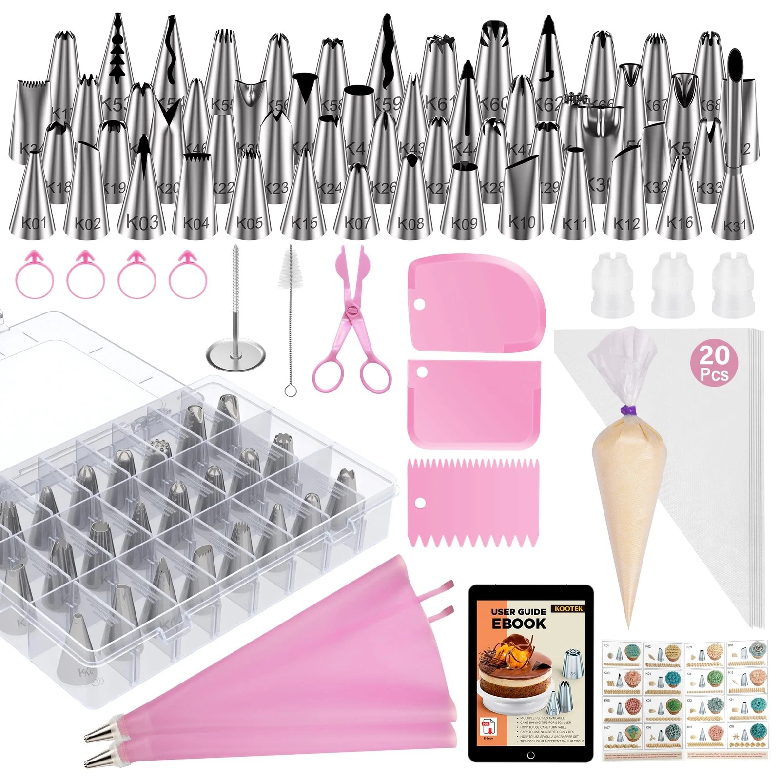 Kootek 90 PCs Piping Bags and Tips Set, Cake Decorating Supplies Kit Pink