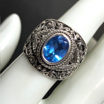 9660 Sarda Balinese Artisan Sterling Silver Deep Blue topaz ring sz 7