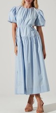 ASTR The Label Shelby Dress Light Blue Puff Sleeve Open Back High Neck Maxi Sz M
