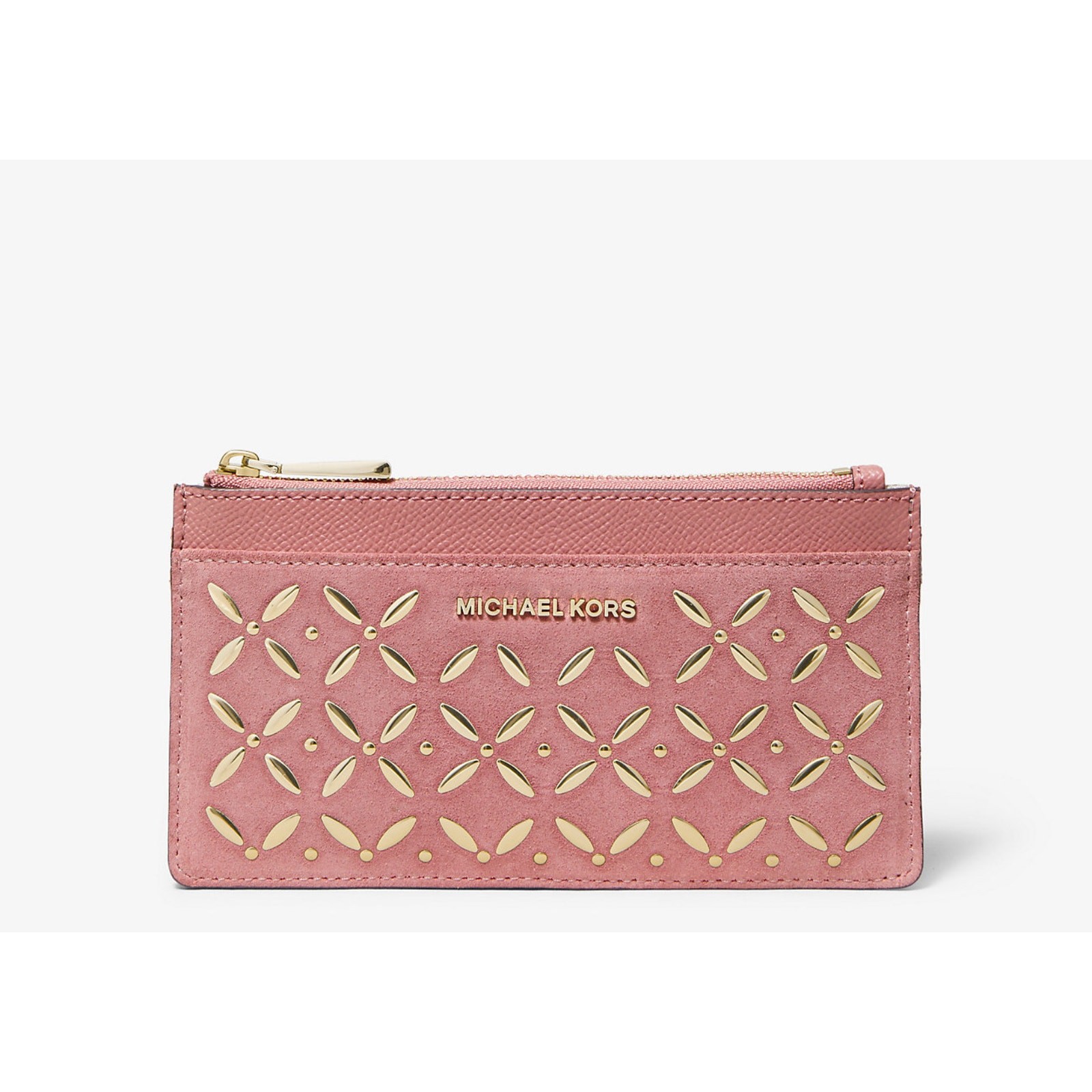 Michael Kors Embellished Suede Card Case Clutch Pink Gold Tone Studs