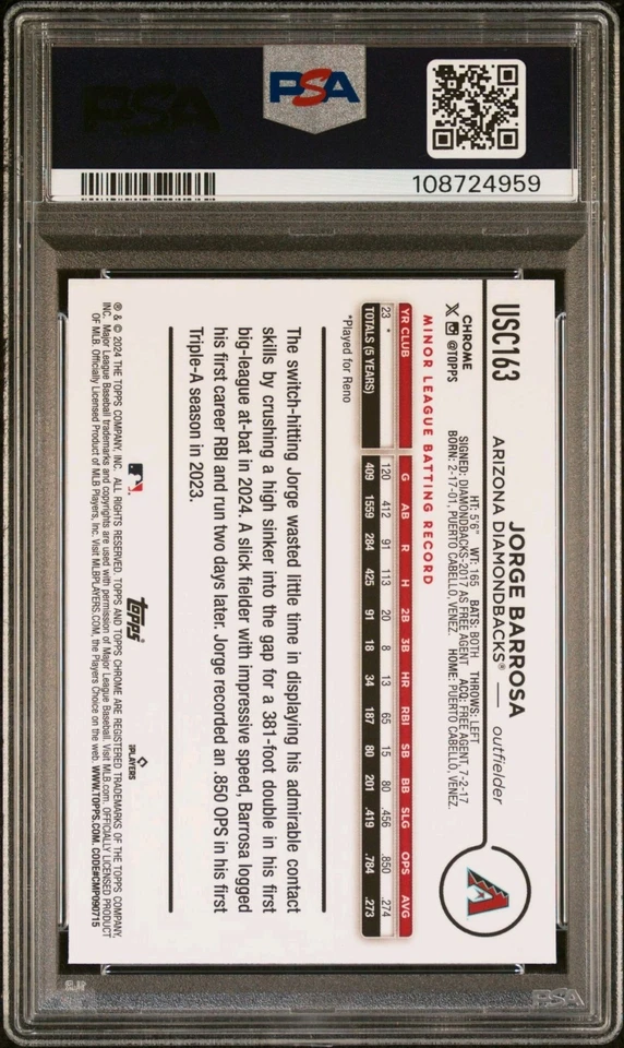 2024 TOPPS CHROME UPDATE ARIZONA DIAMONDBACKS JORGE BARROSA NEGATIVE PSA 10 - Image 2 of 3