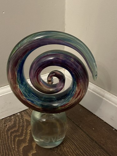 Iconic Hand Blown Glass KORU Sculpture LOVE, 10" Tall x 6 1/2" Wide Multi-Color - Picture 2 of 3
