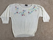 Vintage Gitano Pullover Sweater Womens Size 37 Rib Knit Embroidered Floral White