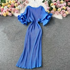Lady Ruffle Pleated Dress Long Short Flare Sleeve Loose Casual Fairy Dress