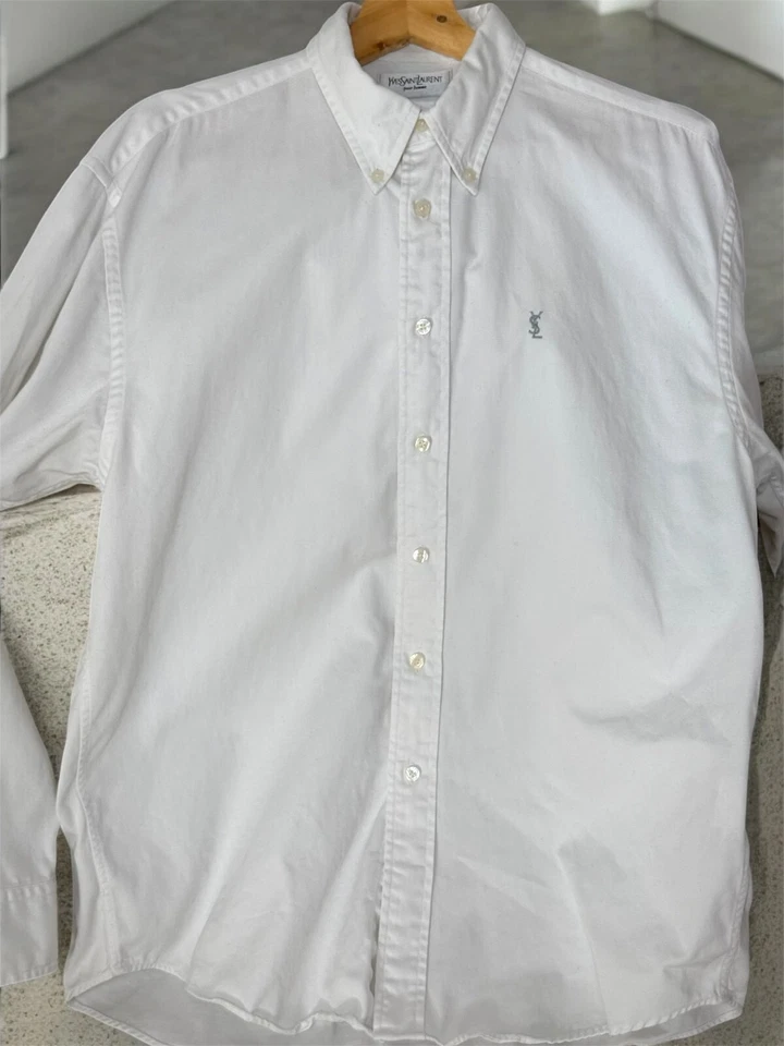 Camisa Yves Saint Laurent YSL Botón Para Hombre Manga Larga Blanca De Colección Talla M UK Foto 4 de 4