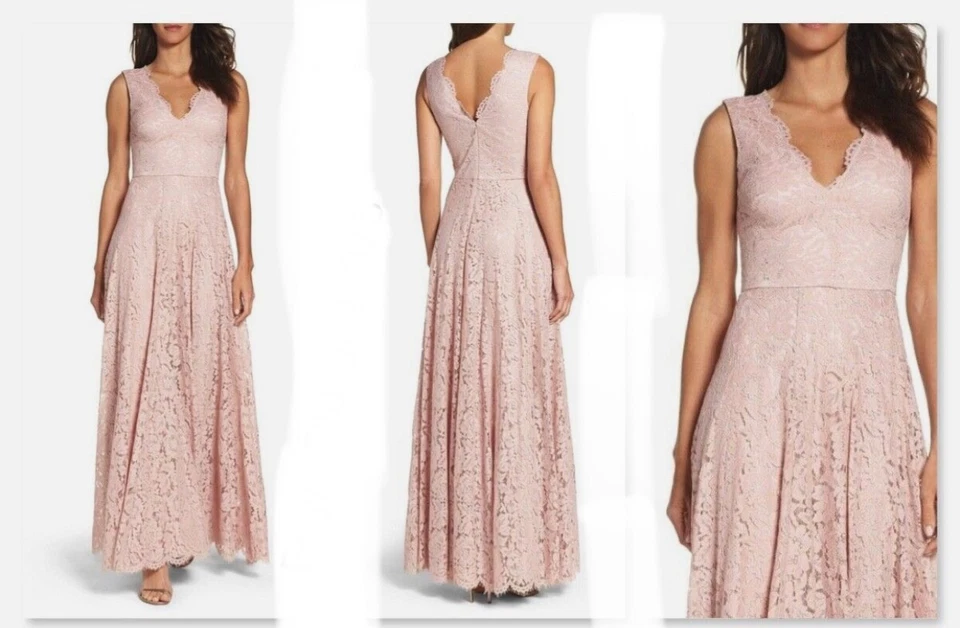 Maxi Vestido Vera Wang Rosa Encaje Festoneado Cuello en V Espalda en V Sin Mangas Plisado 8 EE. UU. M Foto 4 de 4