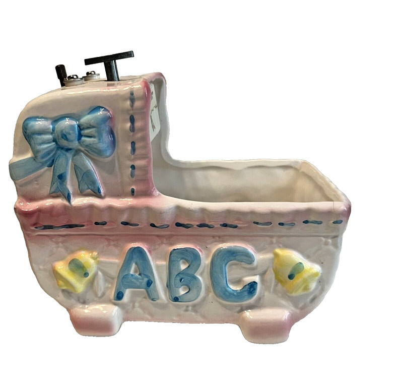 Vintage My-Neil Mid Century Baby Boy Carriage and Music Box Planter *Works*