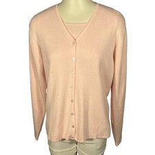 Vtg Jeanne Pierre Sweater Set L Baby Pink Cotton Sleeveless Long-Sleeve Button