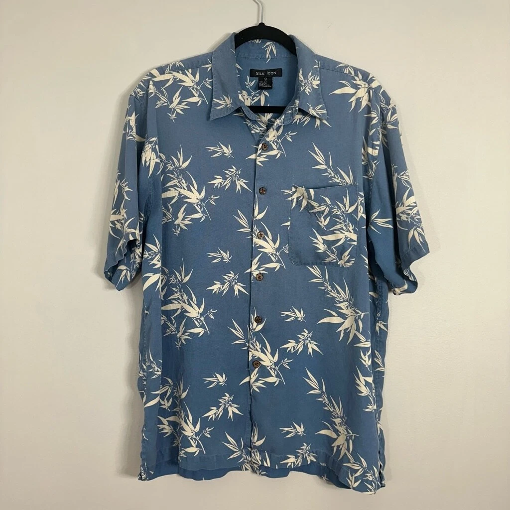 Silk Icon Men Large Leaf Prints Button Down Top Short Sleeve Blue Summer Wear