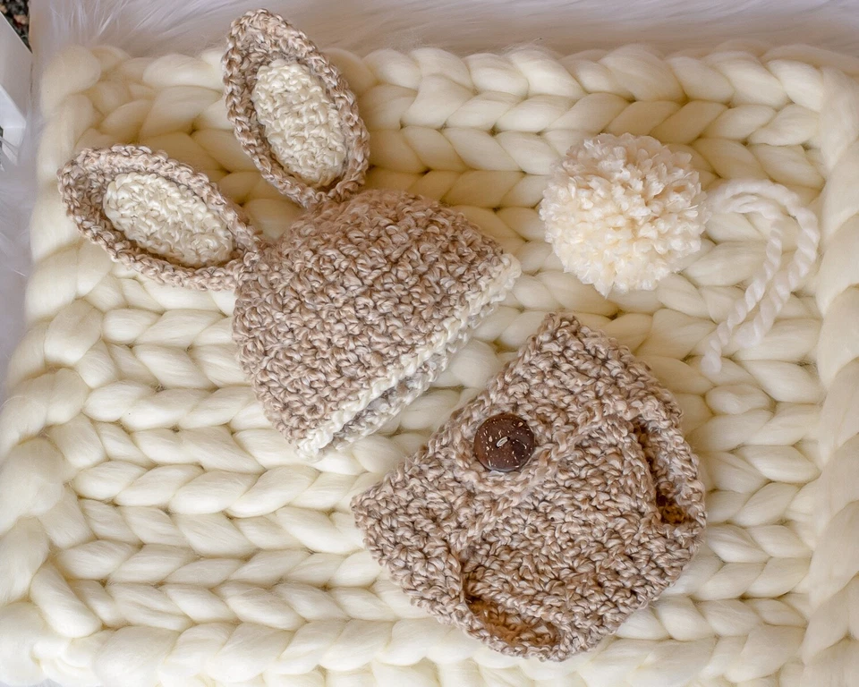 Handmade Crochet Bunny Baby Newborn Size Hat and Diaper Cover Baby Shower Gift - Image 2 of 2