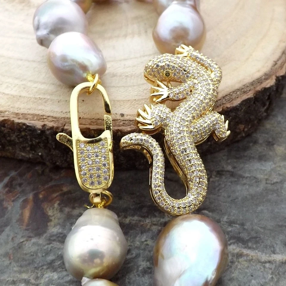 Collar conector lagarto circonita cúbica perla Keshi púrpura 19" 16x23 mm Foto 4 de 4