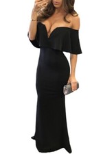 V Neck Ruffle Off Shoulder Evening Maxi, Black