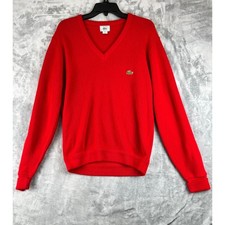 Vintage Izod Lacoste Red V Neck Sweater Mens M USA Made Crocodile Logo