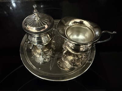 #ad Vintage Silverplate Victorian Floral Creamer Covered Sugar Bowl amp; Tray $22.00