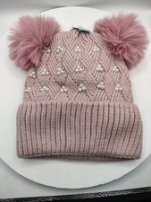 Girls' Pink Knit Beanie Hat with Fur Pom Pom, Pearls, Argyle Pattern, Acrylic