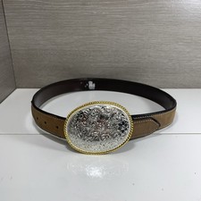 VTG Nocona Ornate Tooled Brown Leather Western Belt sz 29 W Buckle Silver Gold