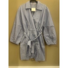 Fraiche by J Blue White Striped Wrap Dress Collared Puff Sleeve Tie Waist Large