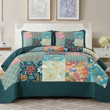 Patchwork Quilt Set King Size 3 Pieces Green Plaid Floral Bedspread Coverlet Set