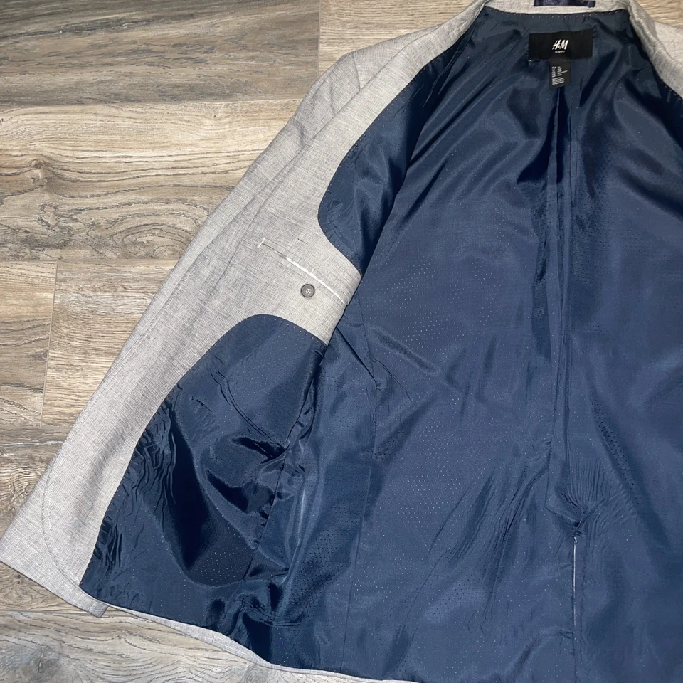 Blazer de lino H&M para hombre 42R gris calce ajustado parches en el codo traje chaqueta abrigo deportivo Foto 4 de 4