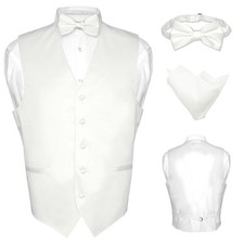 Men's Dress Vest BOWTie Hanky Solid WHITE Color Bow Tie Set for Suit or Tuxedo