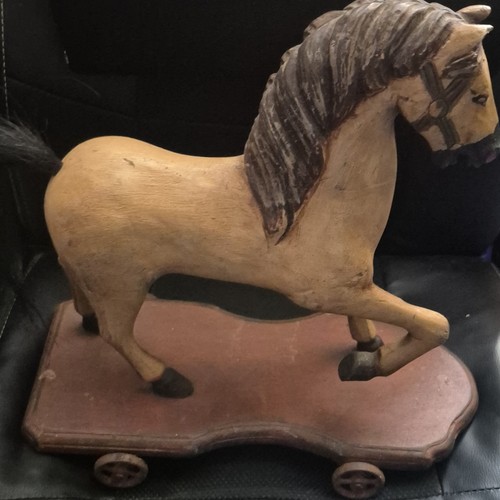 Vintage Wooden Horse Pull Toy on Wheeled Platform for Ages 4-7, 8-11, 12-16, 17+