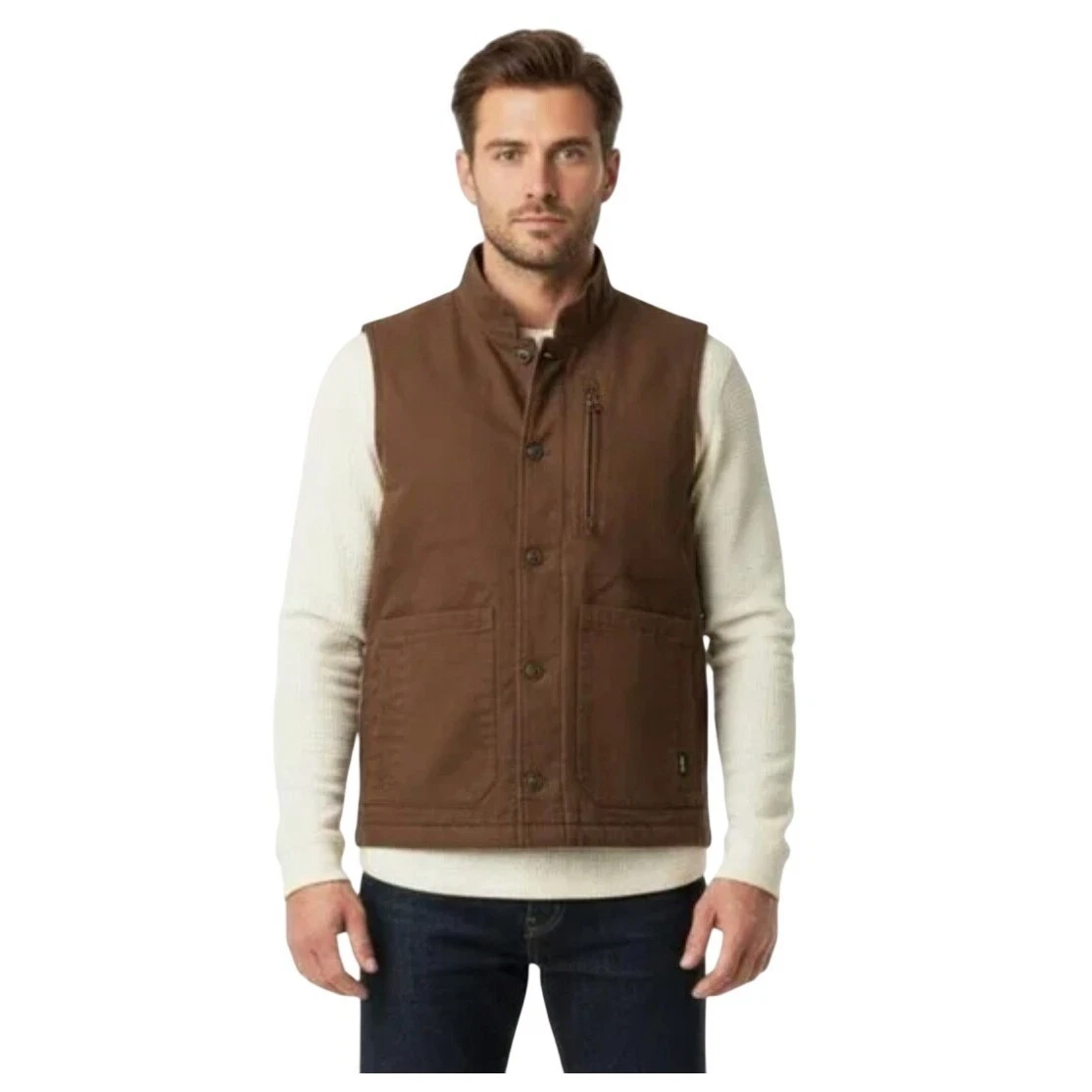 Prana x PrimaLoft Trembly Insulated Vest Stout Brown Cotton Canvas Button Front
