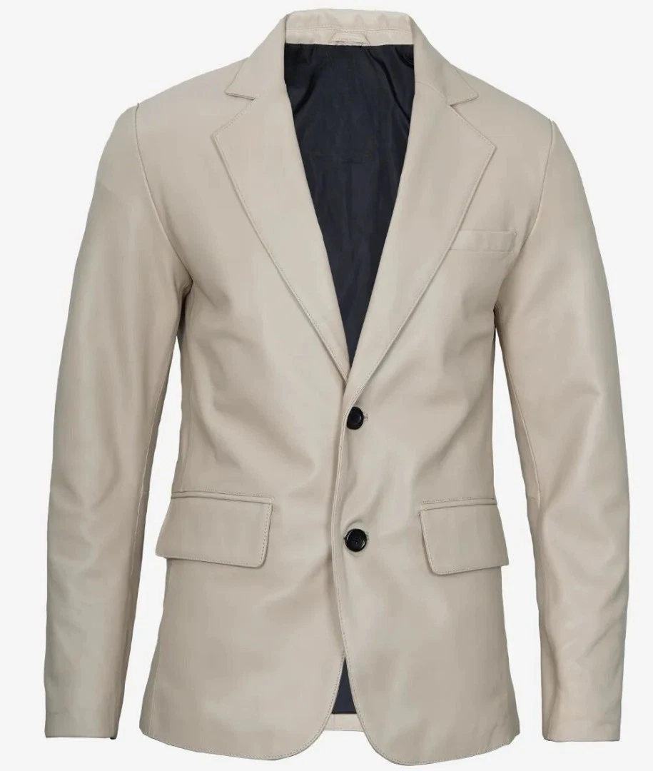 HOT! New Men's BEIGE Leather Blazer Pure Soft Lambskin Leather Coat blazer