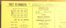 1957 Plymouth 301 CI V8 SUN Electric Corp Tune Up Chart Excellent Condition!