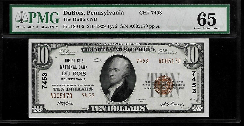 US $10 City of Du Bois, Pennsylvania  1929 PMG 65 UNC Fr #1801-2 The DuBois NB