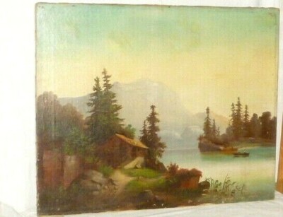 Old oil painting landscape mountains lake painting boat mountain lake oil painting picture 