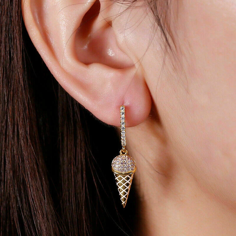 1.30 Ct Round Cut Diamond Simulated Ice Cream Dangle Earrings Yellow Gold plated - Image 3 of 4