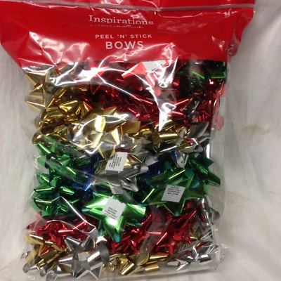 HALLMARK INSPIRATIONS BAG OF 75 PEEL N' STICK 3" METALLIC BOWS HOLIDAY GOLD BLUE