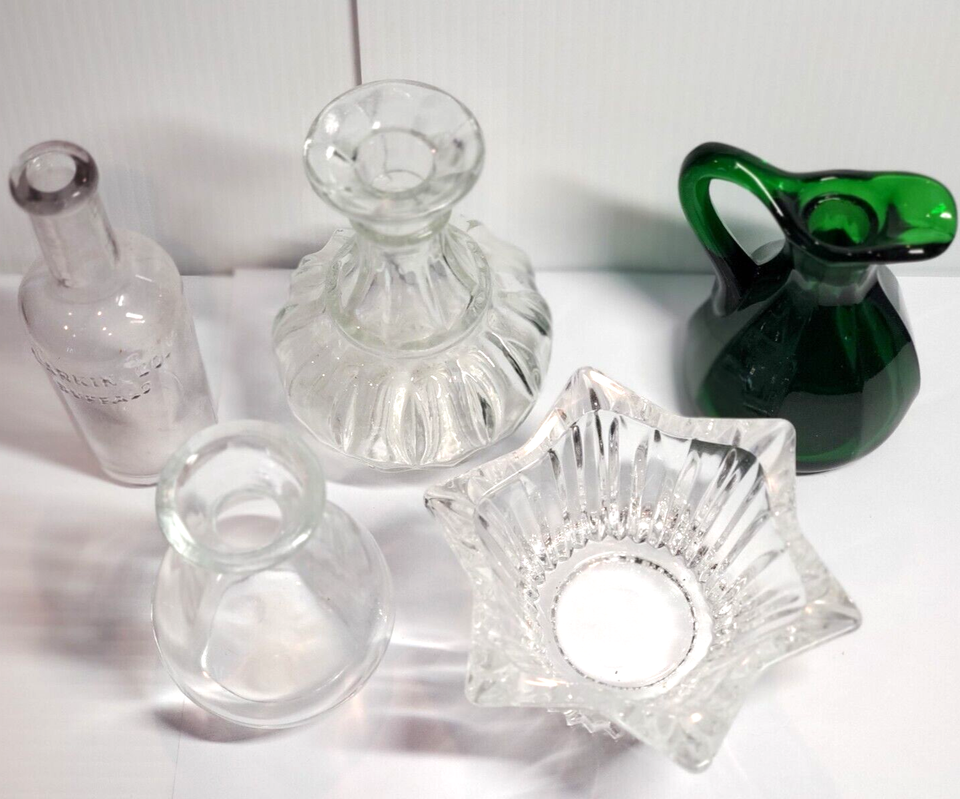 Vintage 5 PC Lot Glass Genie Bottles Rare Shapes Vases CLEAR and Green