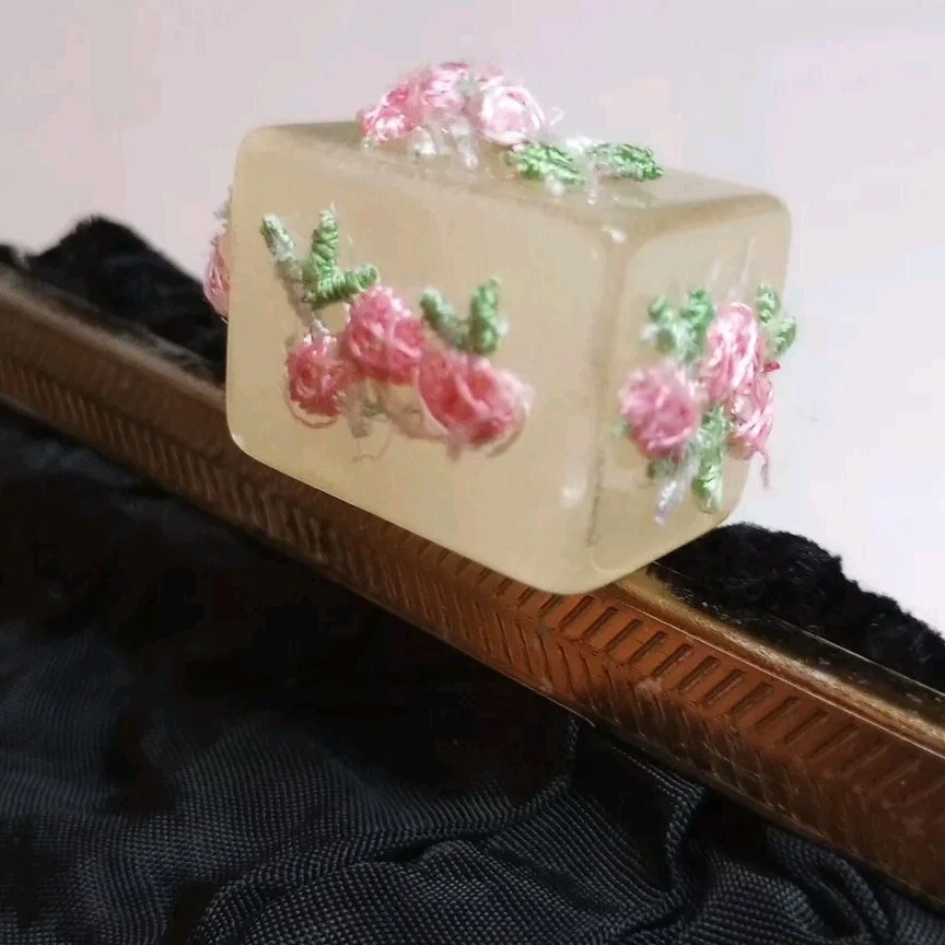 Antique Purse Lucite Clasp 1920’s Art Deco Black Crushed Velvet Flower Granny's - Image 3 of 4